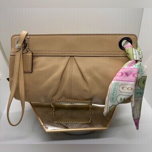 Coach Tan Kyra Leather wristlet with Pink & Green Scarf and Removable strap